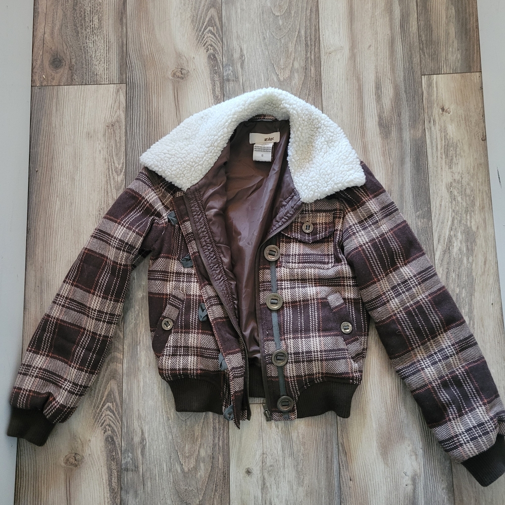 edge Plaid Sherpa-Collar Bomber Jacket - Brown & Cream